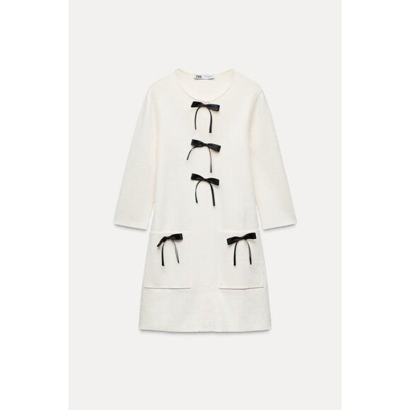 Zara Women Short Knitted Dress Medium M White Bow 3/4 Sleeves 2142/201 NWT - Picture 3 of 15